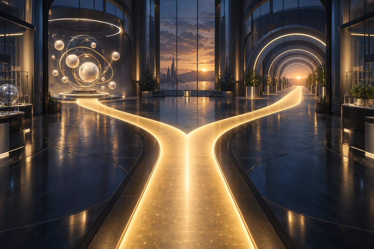A glowing pathway splitting into a lottery-ball motif branch and a steady unbroken light branch in an abstract laboratory corridor