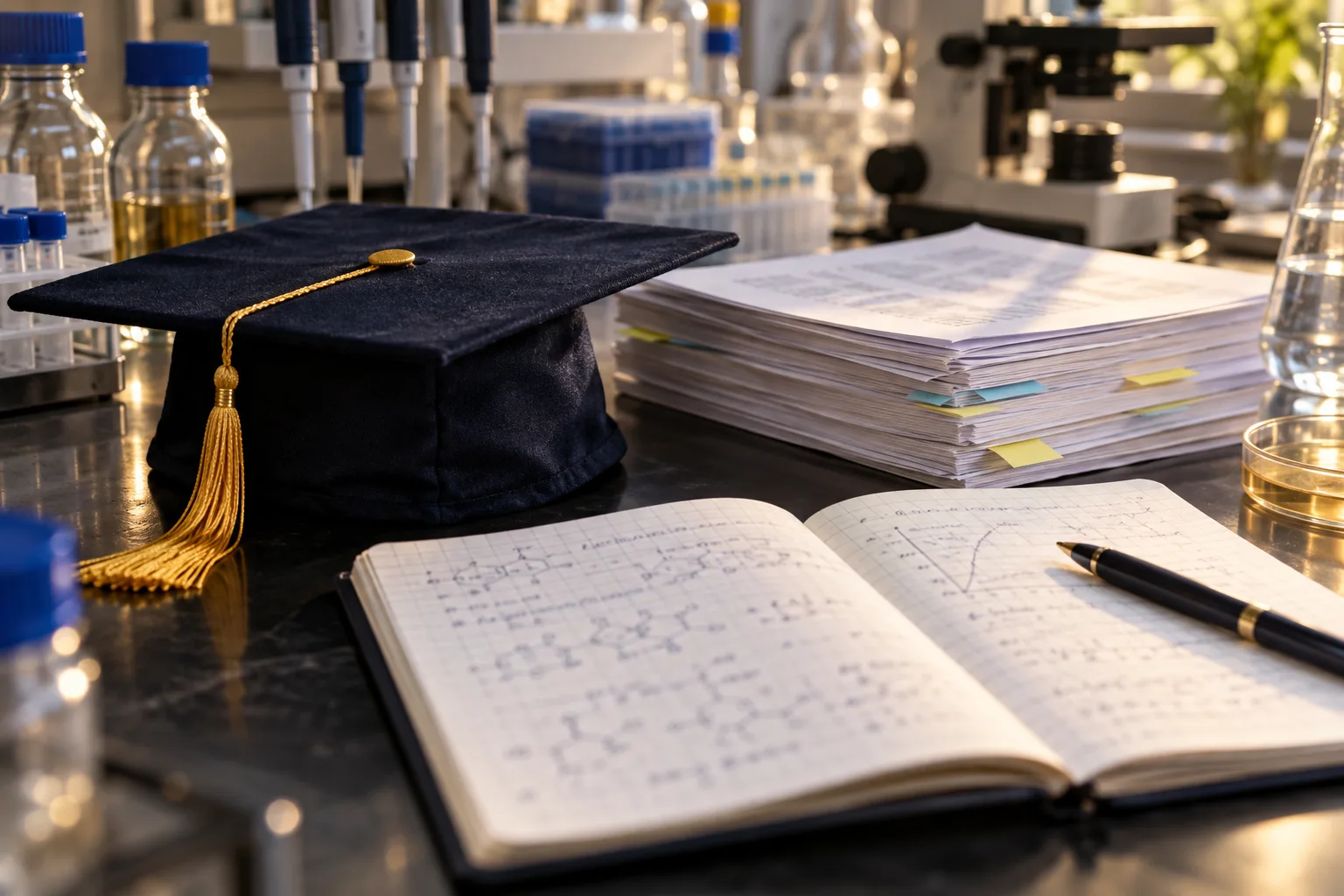 A graduation cap beside research papers and a laboratory notebook on a lab bench