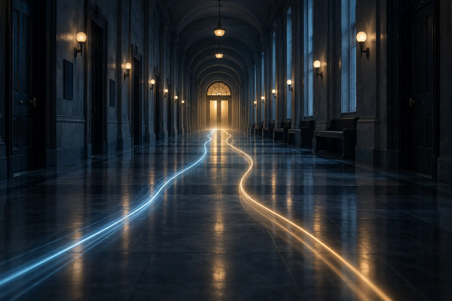 Two overlapping light trails moving at different paces through an institutional corridor toward a shared doorway