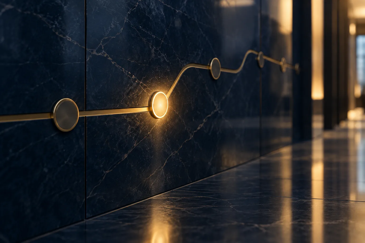 A glowing status indicator moving along an abstract timeline embedded in an institutional wall surface