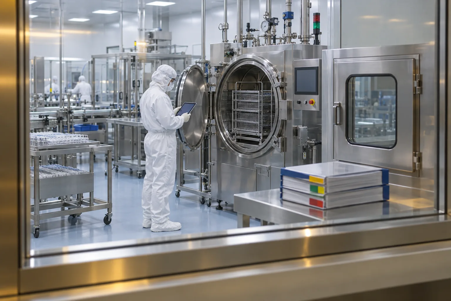 Quality engineer beside a sterilization chamber in a medical device cleanroom, with validation binders on a pass-through shelf