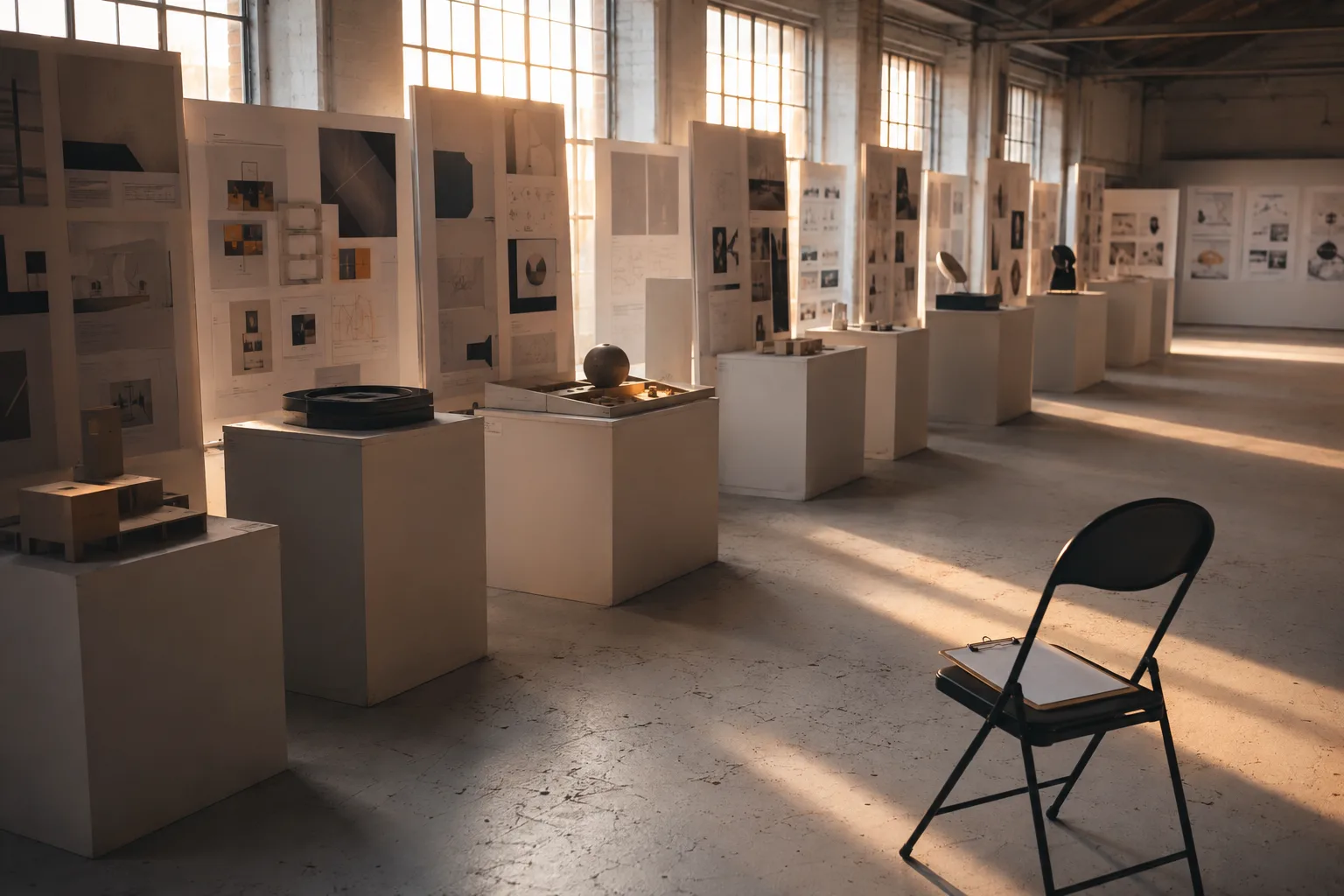 A design competition jury space with prototypes and portfolio boards on white plinths in late afternoon light