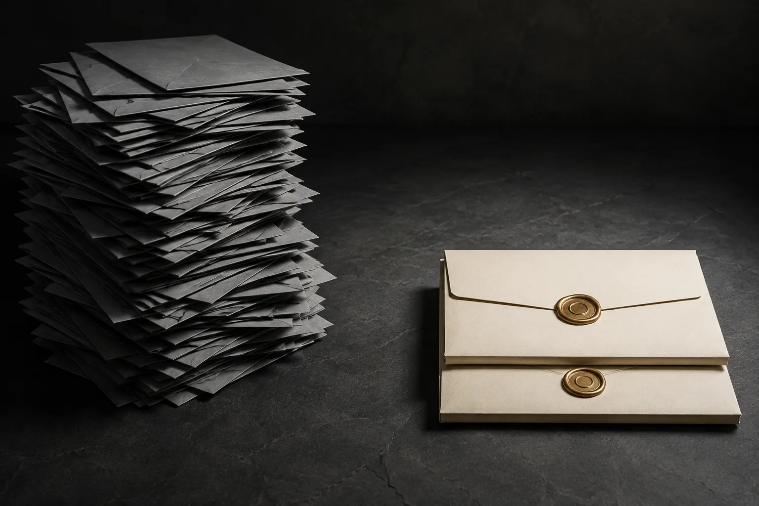 A tall untidy stack of identical grey envelopes beside two heavy sealed folders lit brightly under a hard overhead light