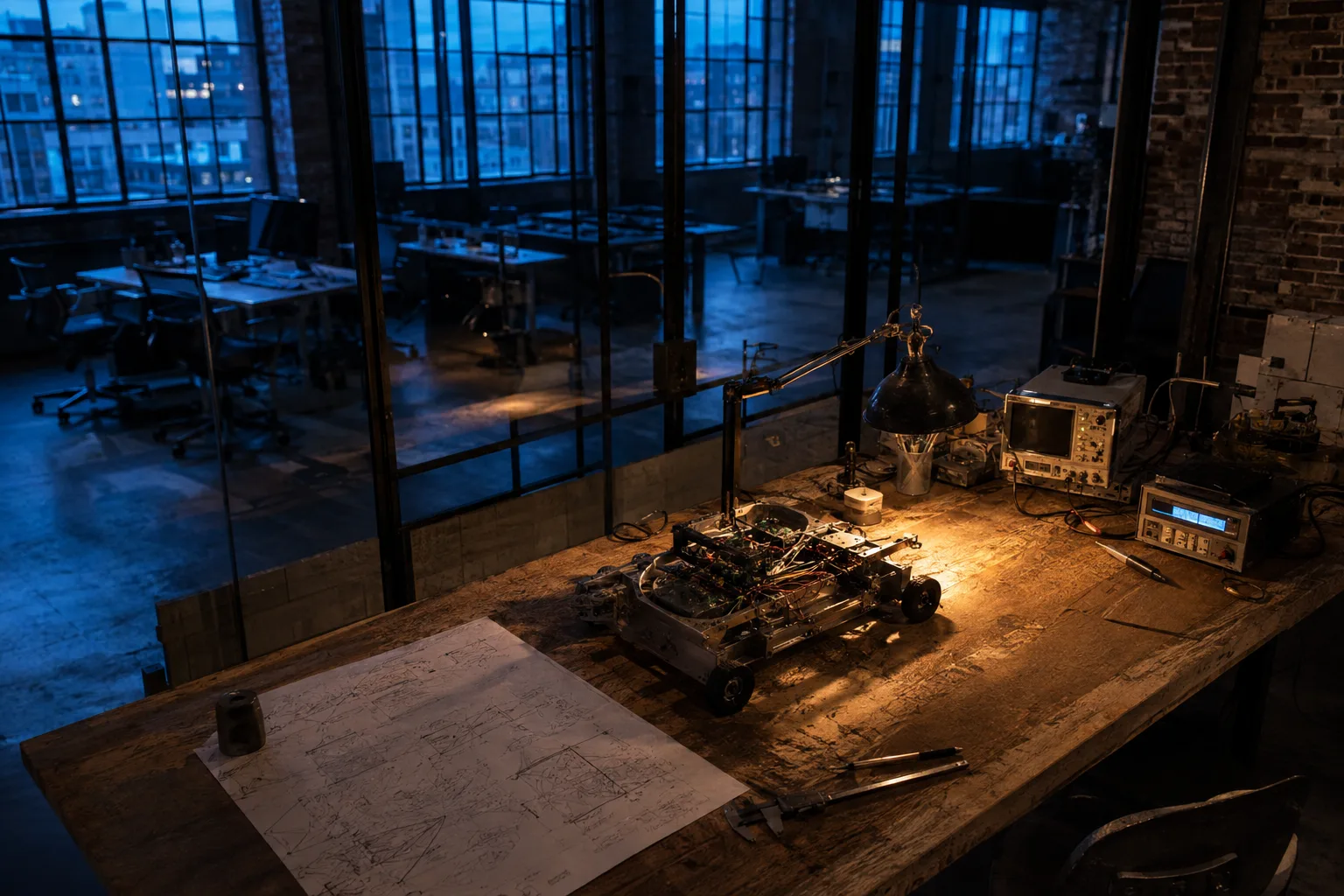 A workbench holding a partly assembled prototype and marked-up technical drawings in an industrial loft workspace at blue hour