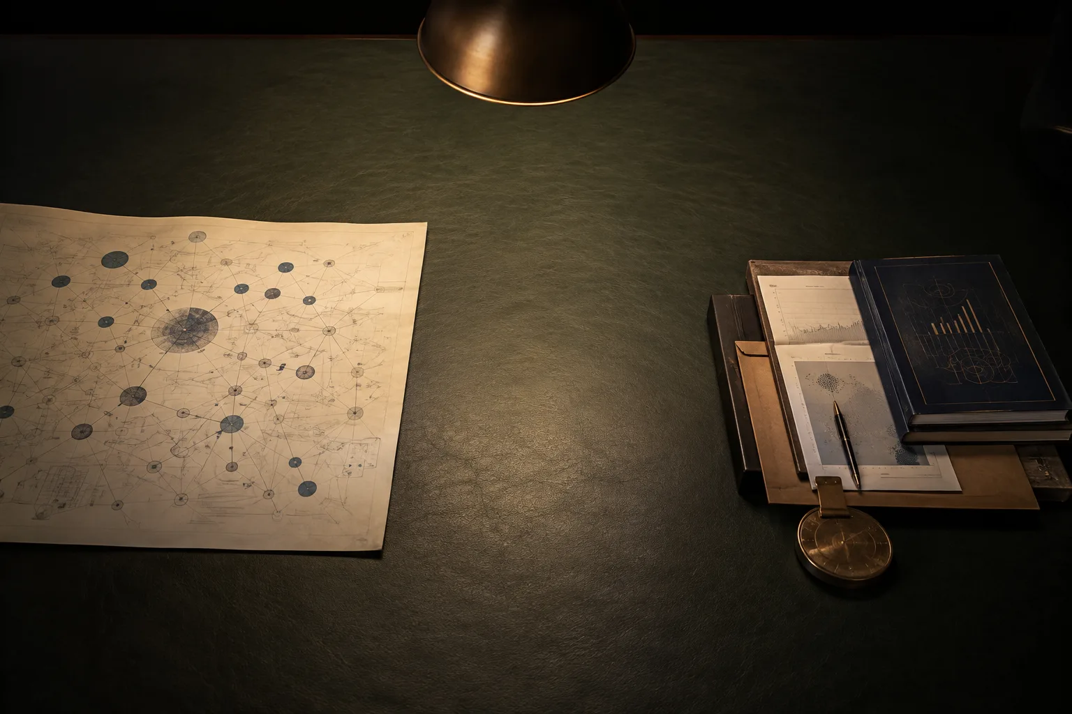 A broad system schematic on the left and a small cluster of documented project results on the right, separated by empty desk space