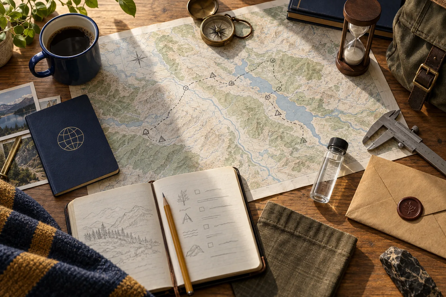Overhead view of a planning table with a route map, passport, field notebook, envelope, and small hourglass
