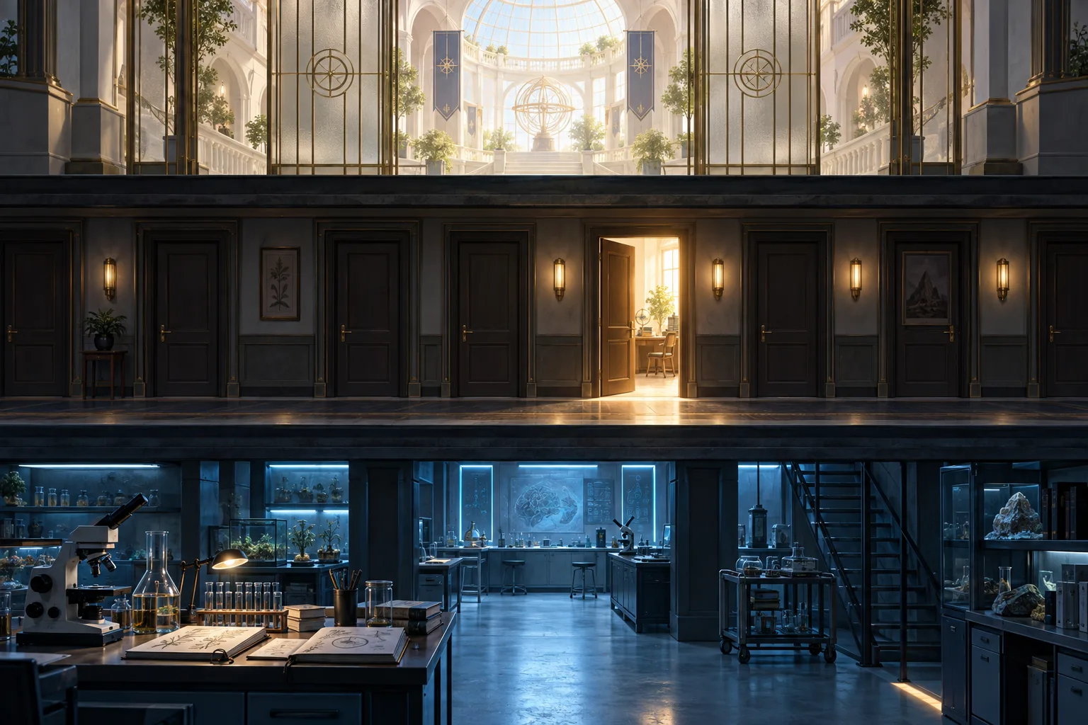 Cutaway illustration of a research lab below, a corridor of closed doors with one open, and a distant atrium behind a translucent gate