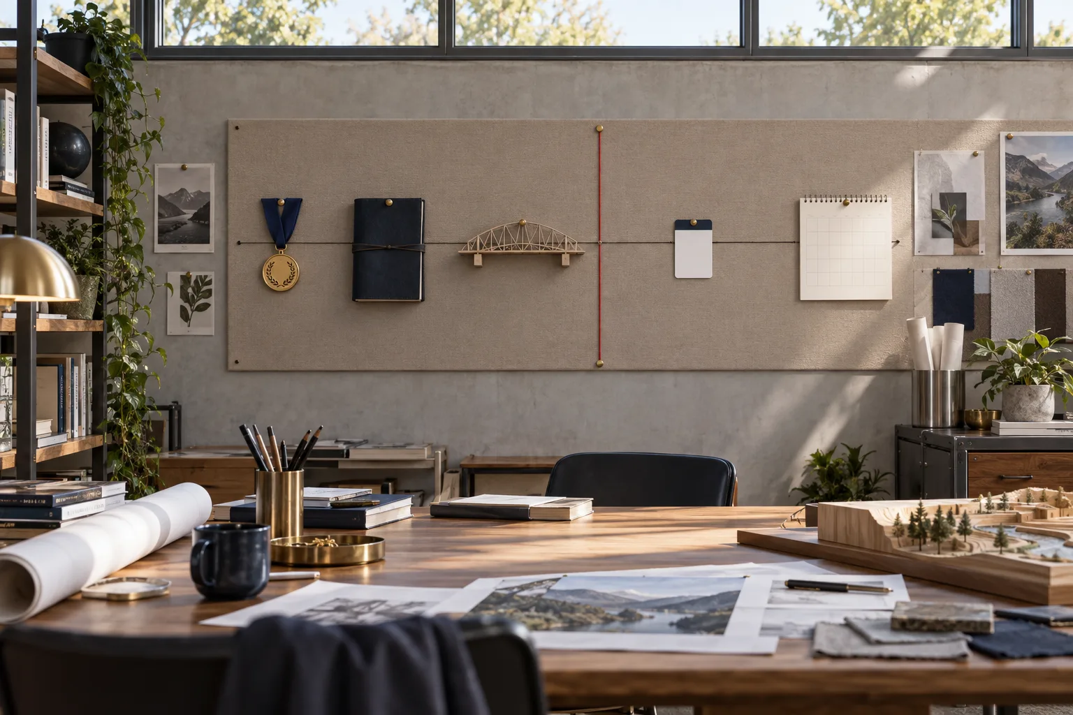 A studio planning board with a timeline of pinned objects and a red string marking a cutoff point