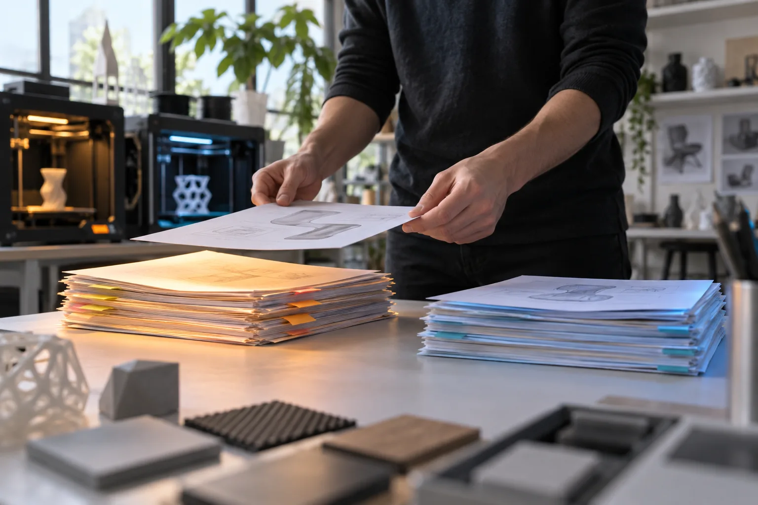 Hands sorting documents between two stacks on a light-table in a prototyping studio