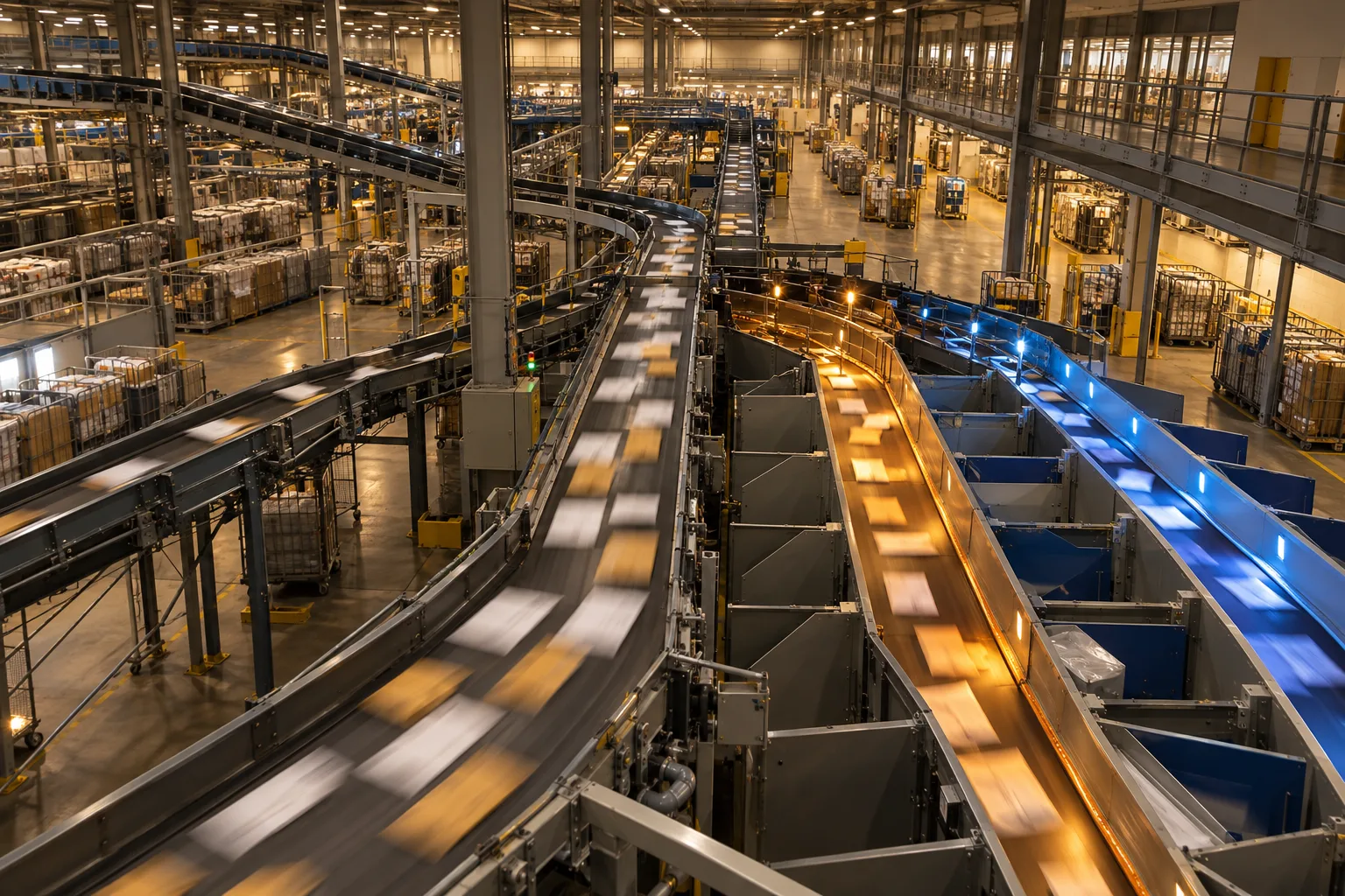 A mail sorting hall where envelopes on conveyor lines branch into differently lit lanes