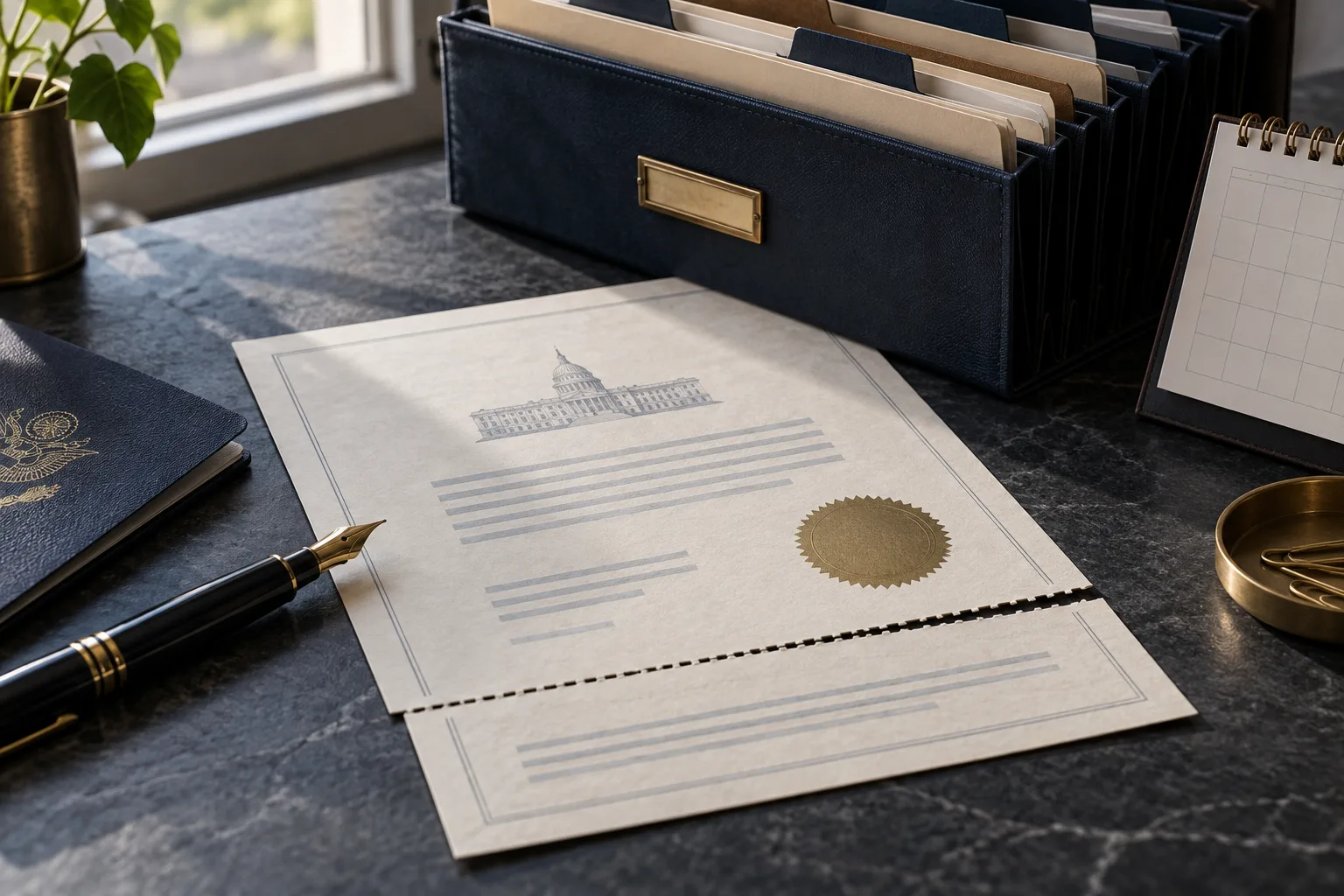 An accordion file folder beside a document with a partially detached perforated section, a pen, and a passport