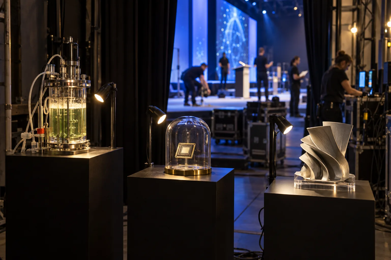 Backstage display of engineering prototypes on plinths under spotlights at a science awards event