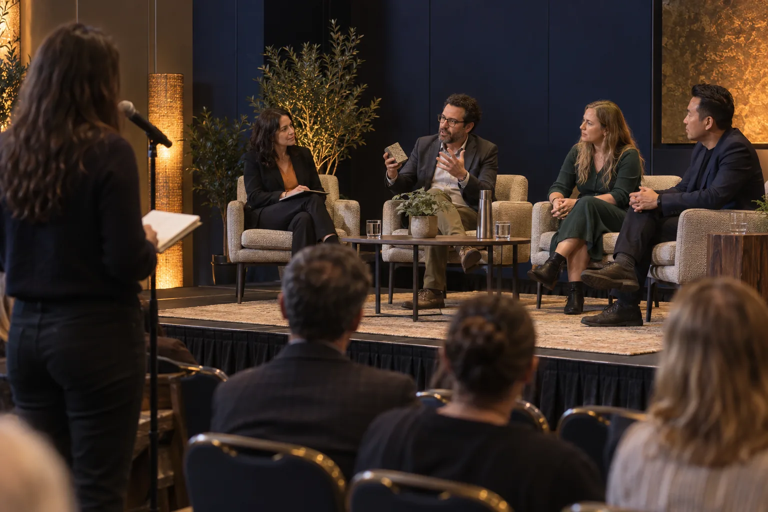 A conference panel discussion seen from the side aisle with an audience member asking a question
