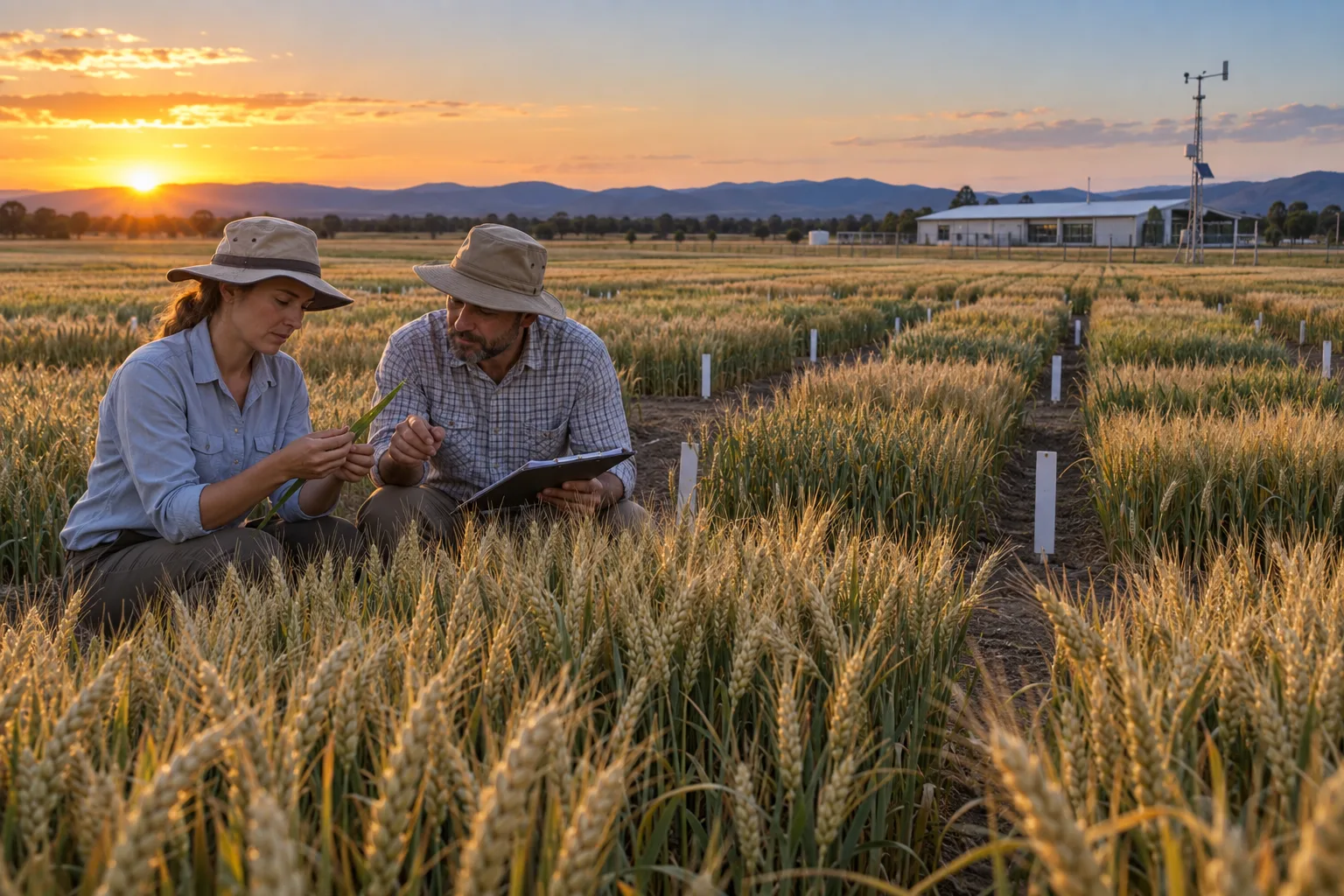 Breeders inspecting wheat plots in an experimental field at golden hour