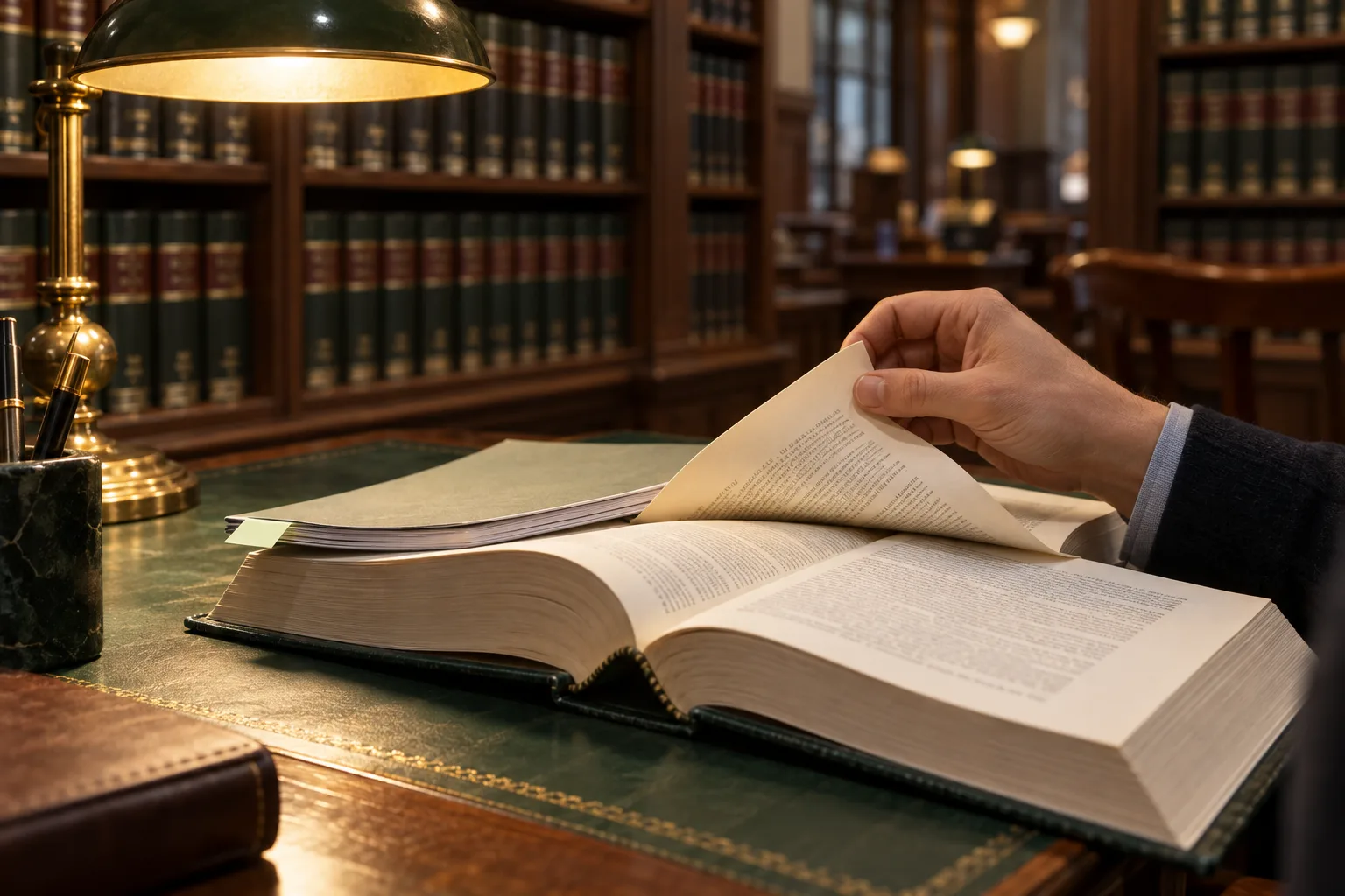 A hand turning pages of a bound reference volume with a flagged bulletin resting on top