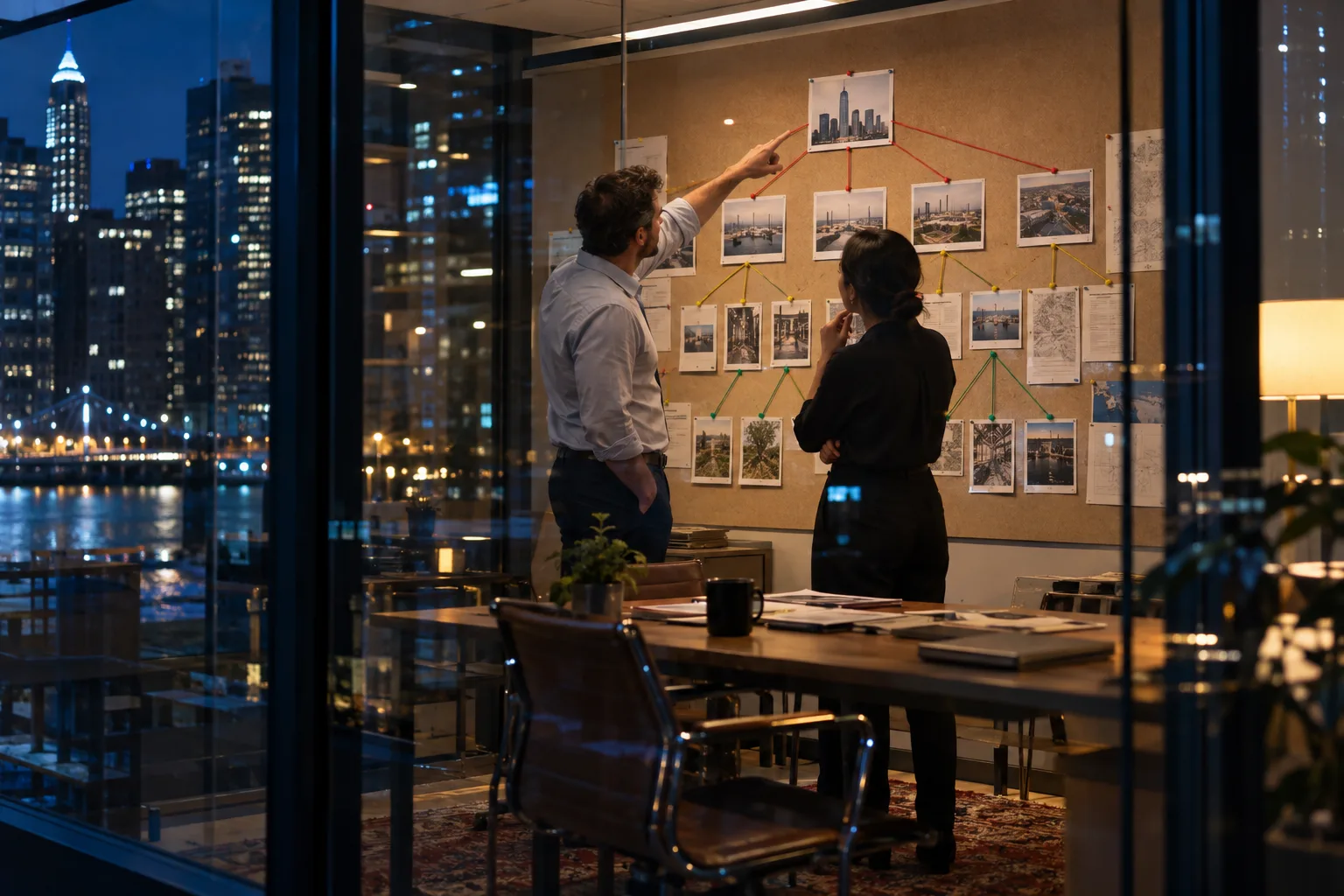 Two professionals reviewing a pinboard of connected documents arranged in a hierarchy inside a glass-walled room at night