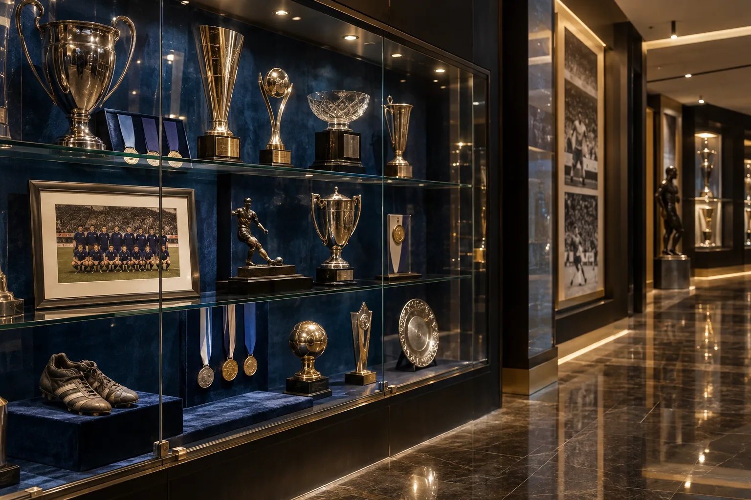 A hall of fame display cabinet with trophies, medals, and worn competition shoes under museum lighting