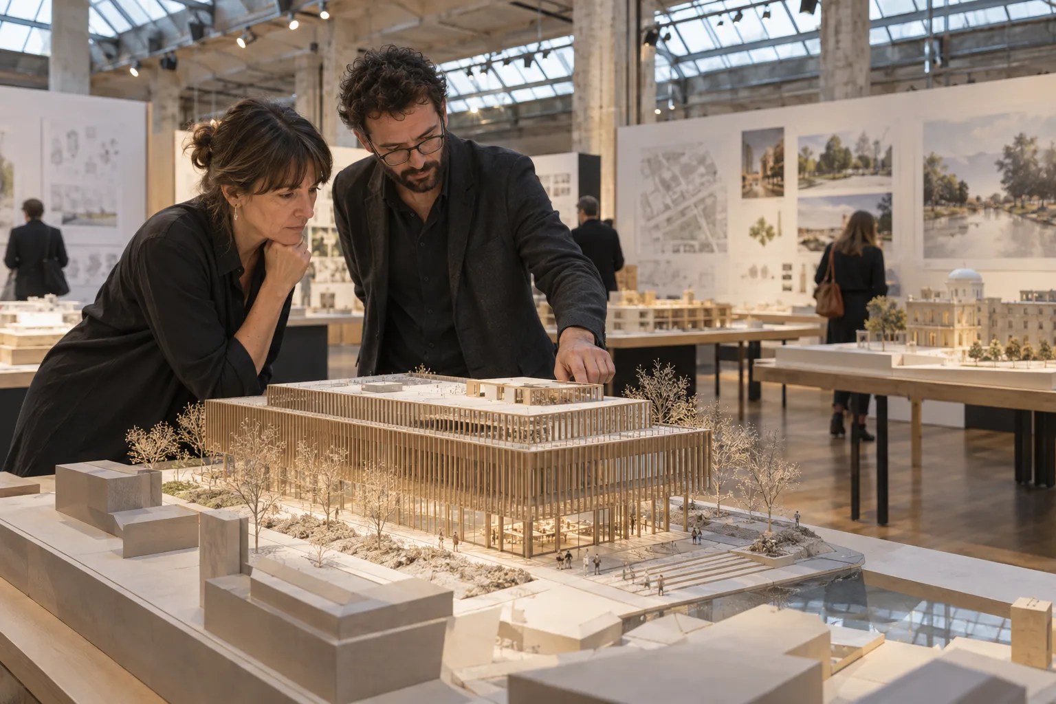 A curator and an architect examining a detailed library model at an architecture exhibition