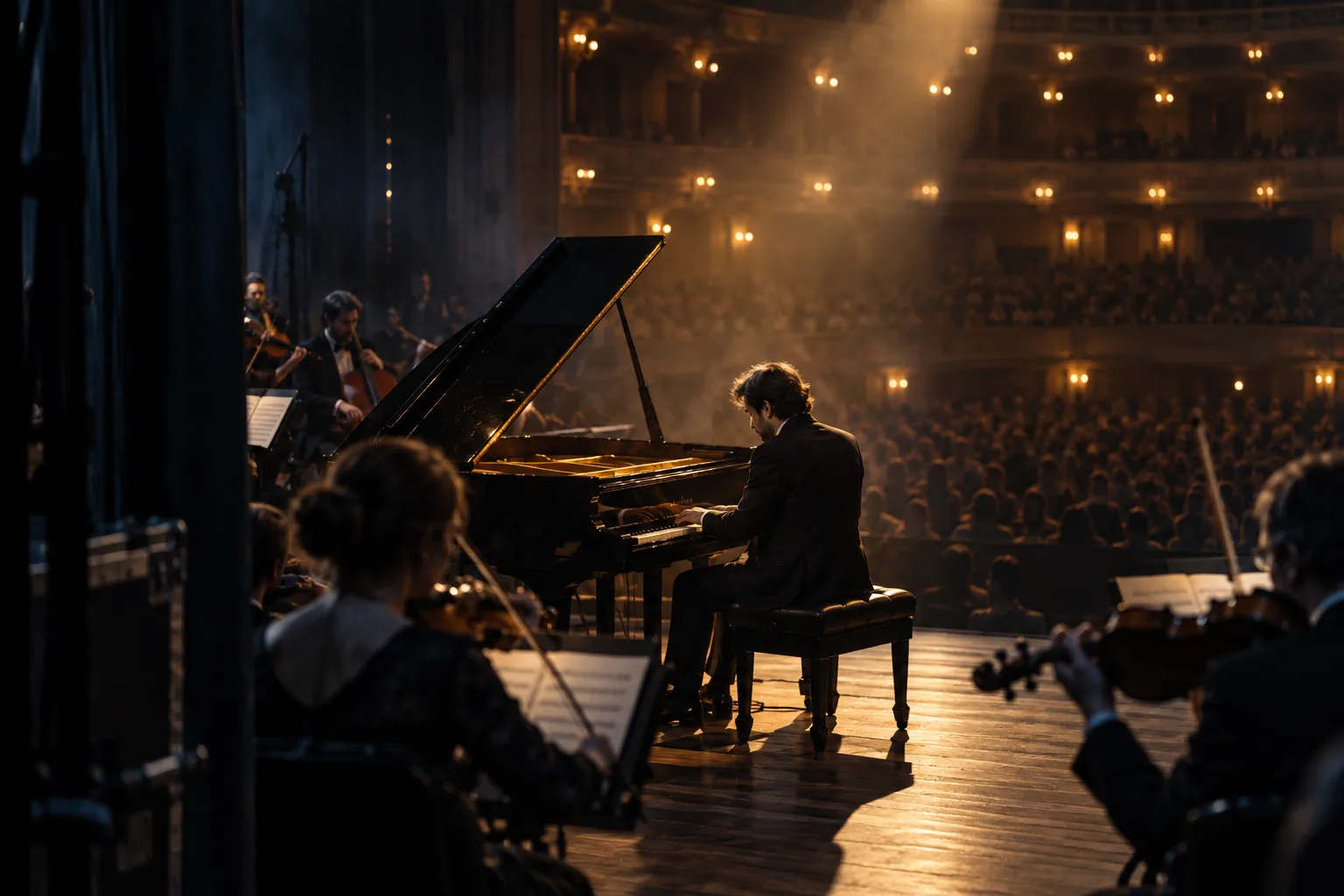 A performer at a grand piano in a spotlight, seen from the wings of a concert hall