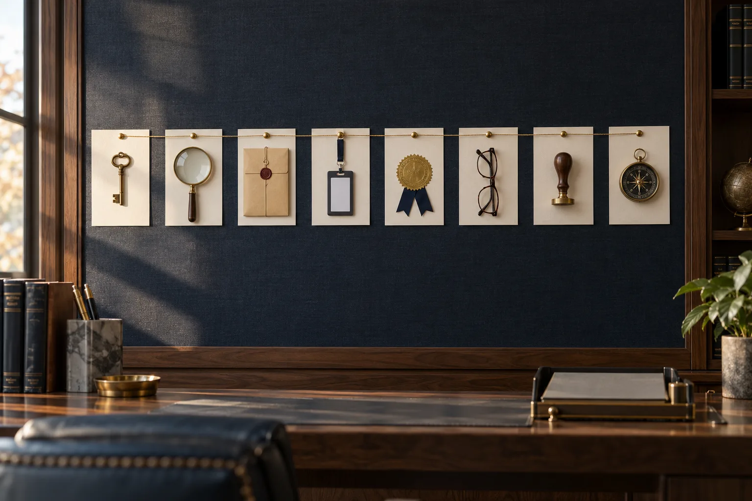 A compliance office planning wall with index cards and objects connected by gold thread representing a step-by-step process