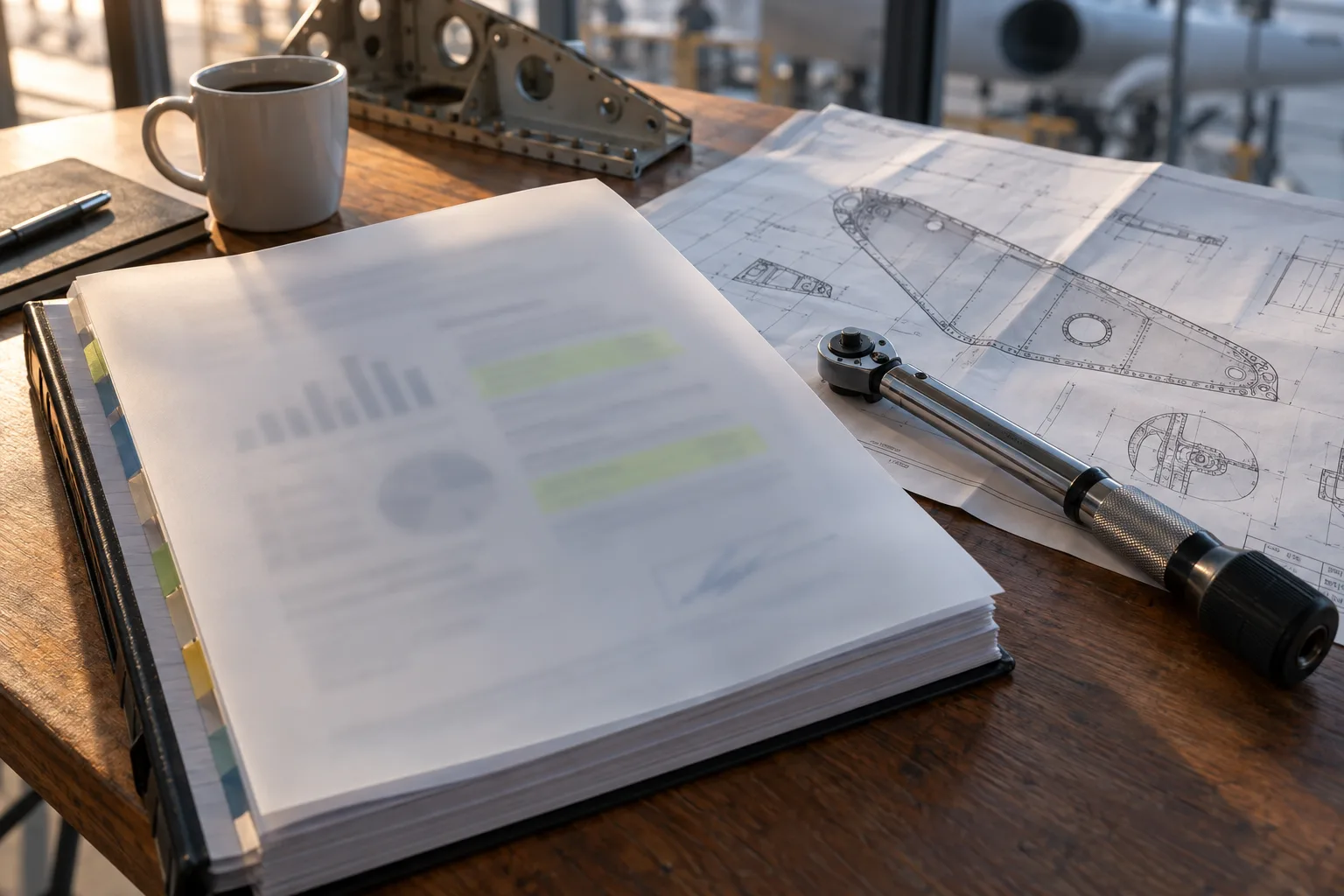 An internal engineering report under a frosted sheet with only outcome highlights visible on a design review table