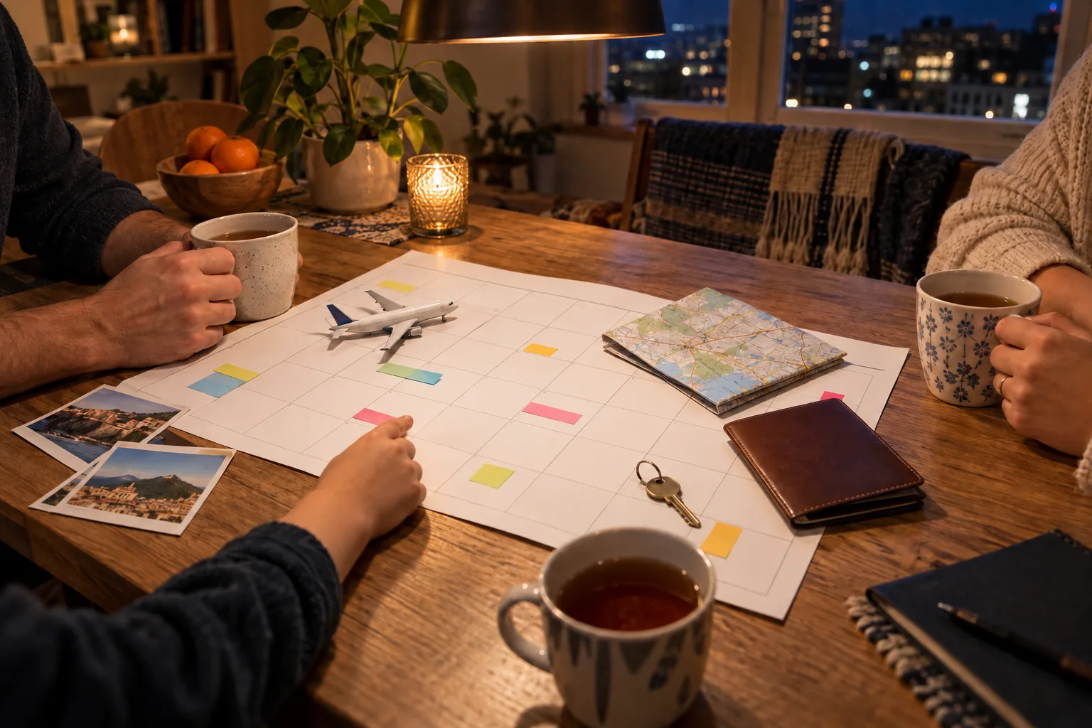 A family planning travel on a paper calendar with small travel objects on a dining table at evening