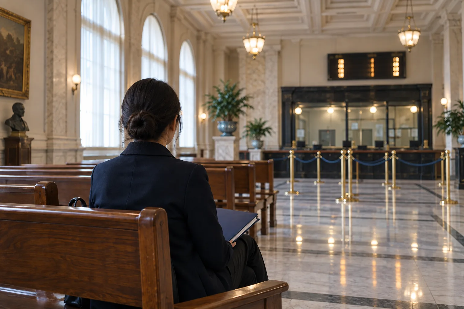 An applicant waiting with a folder in an elegant consulate hall with arched windows and wooden benches