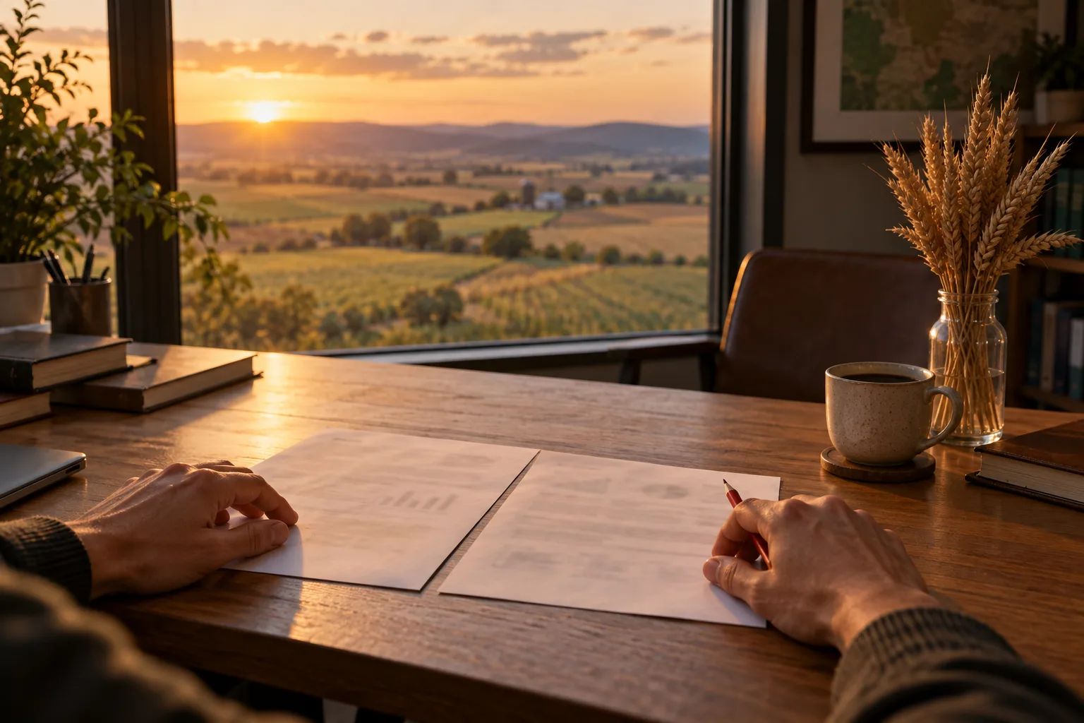 Hands aligning two document drafts side by side in an office overlooking farmland at golden hour