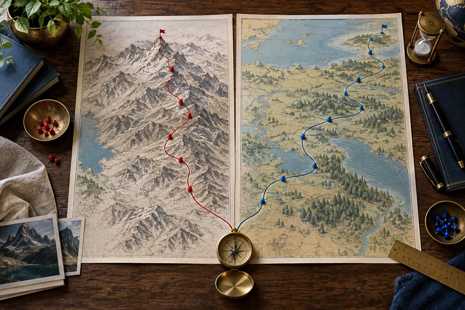 Two parallel route maps on a drafting table starting from the same brass compass, one short and steep, one longer and gentle