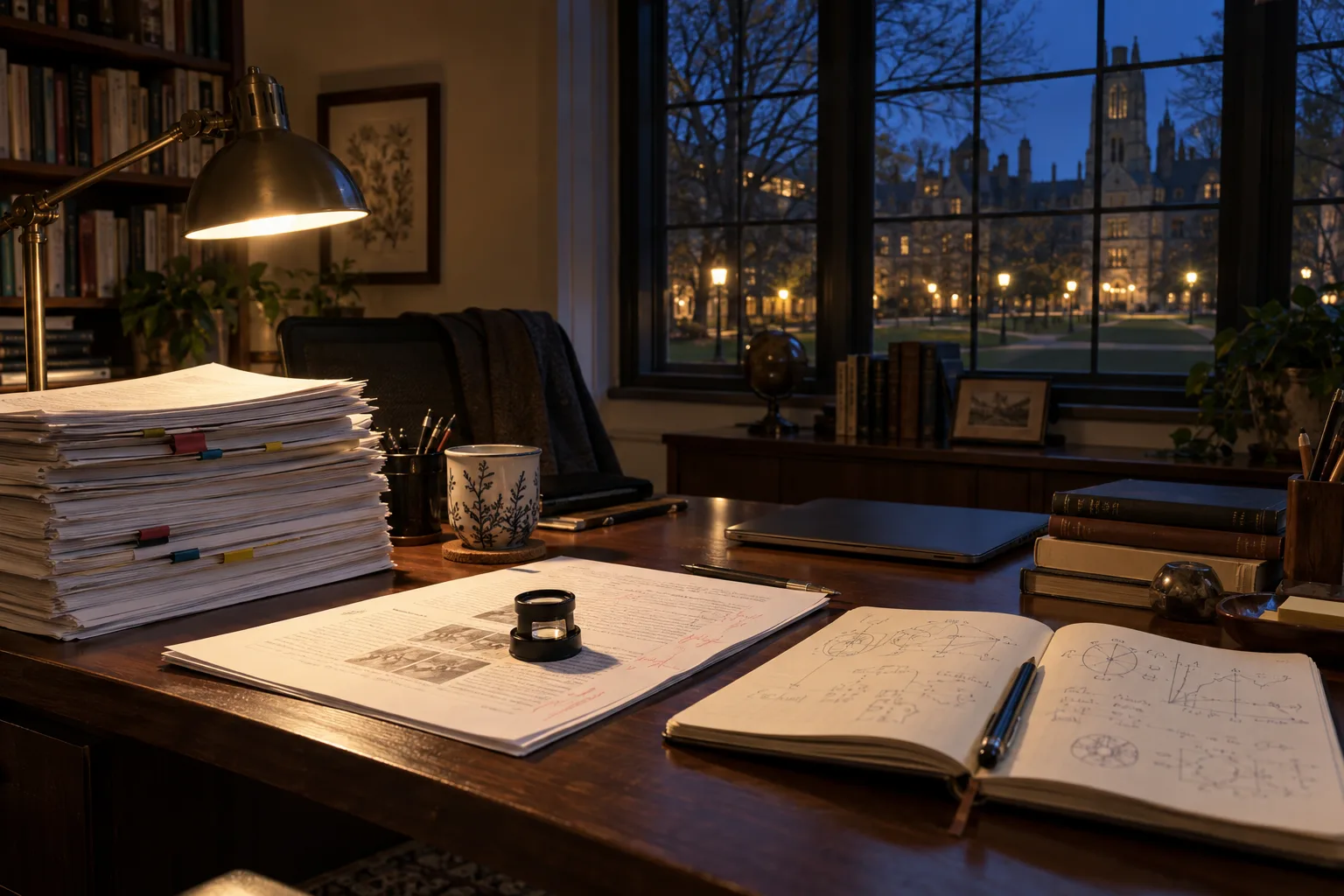 A scientific journal editor's desk at night with manuscripts, a loupe on a proof page, and a university quad outside