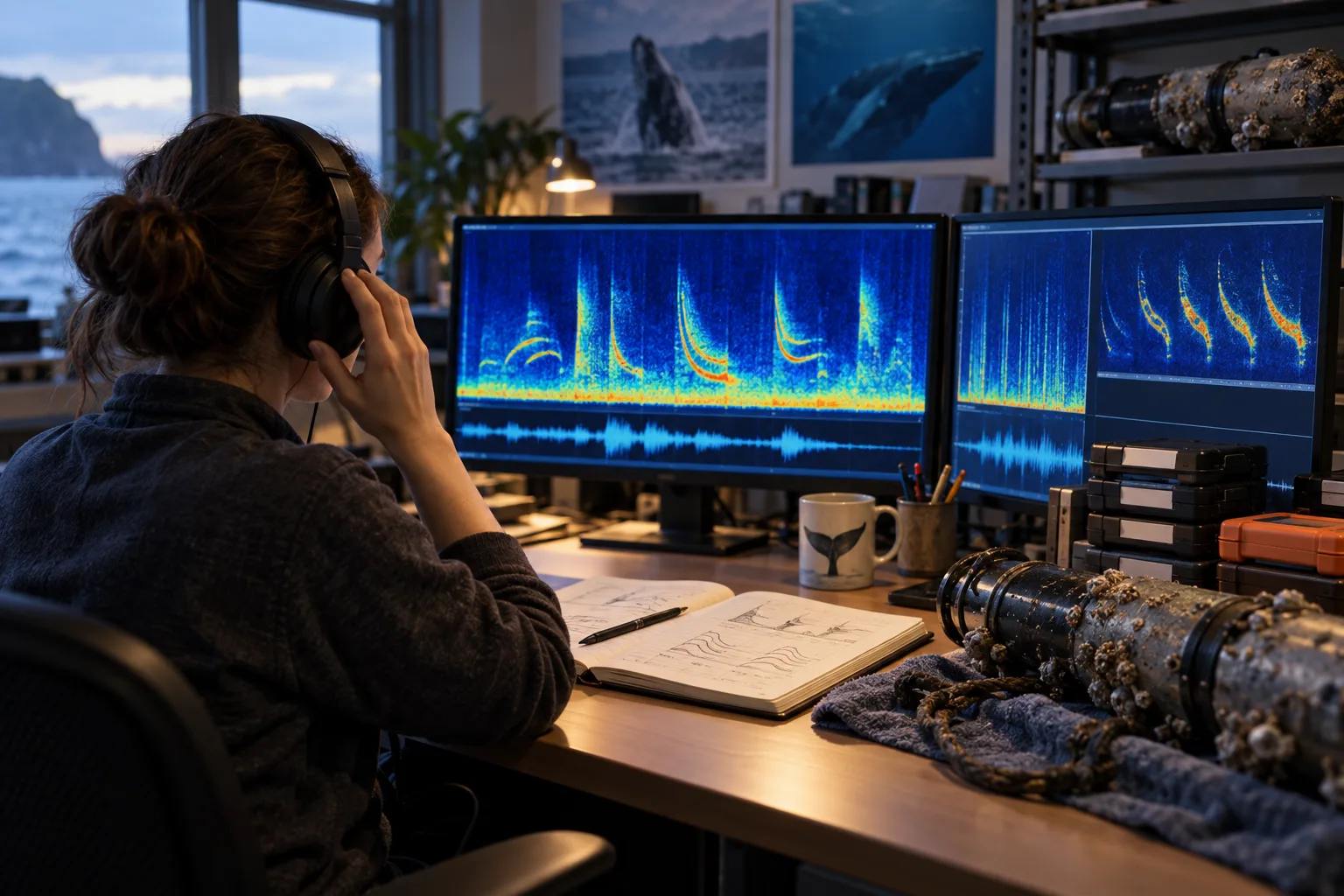 A researcher's hands with headphones beside monitors showing whale call spectrograms in an acoustic analysis room