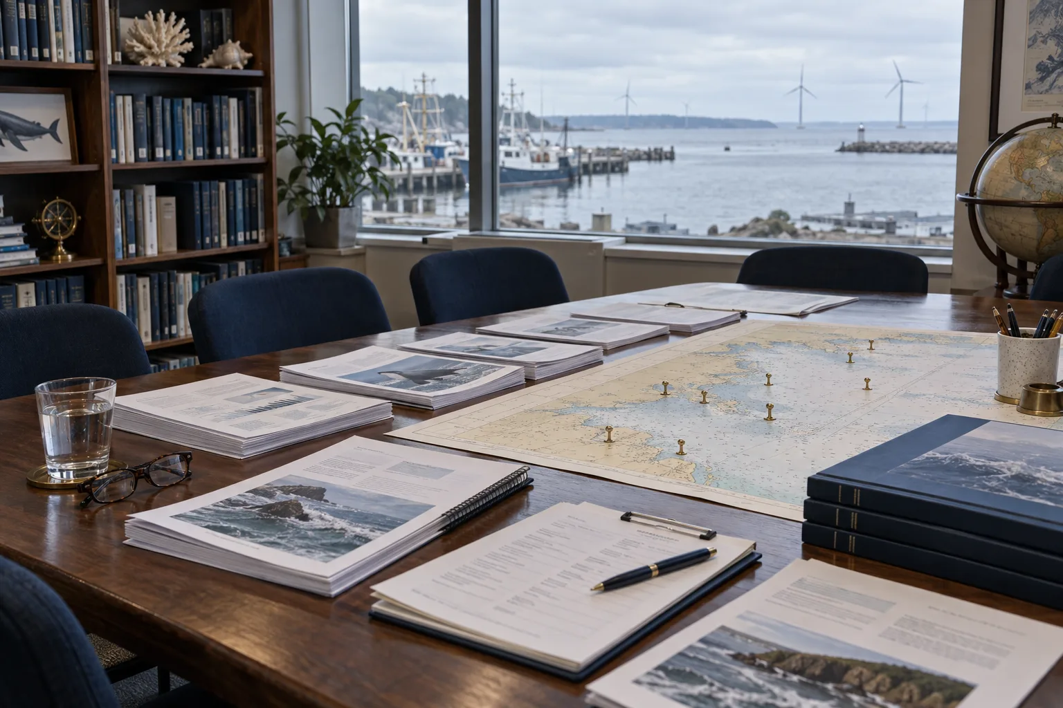 A marine science library table with agency reports and a nautical chart pinned with monitoring sites, harbor and turbines beyond