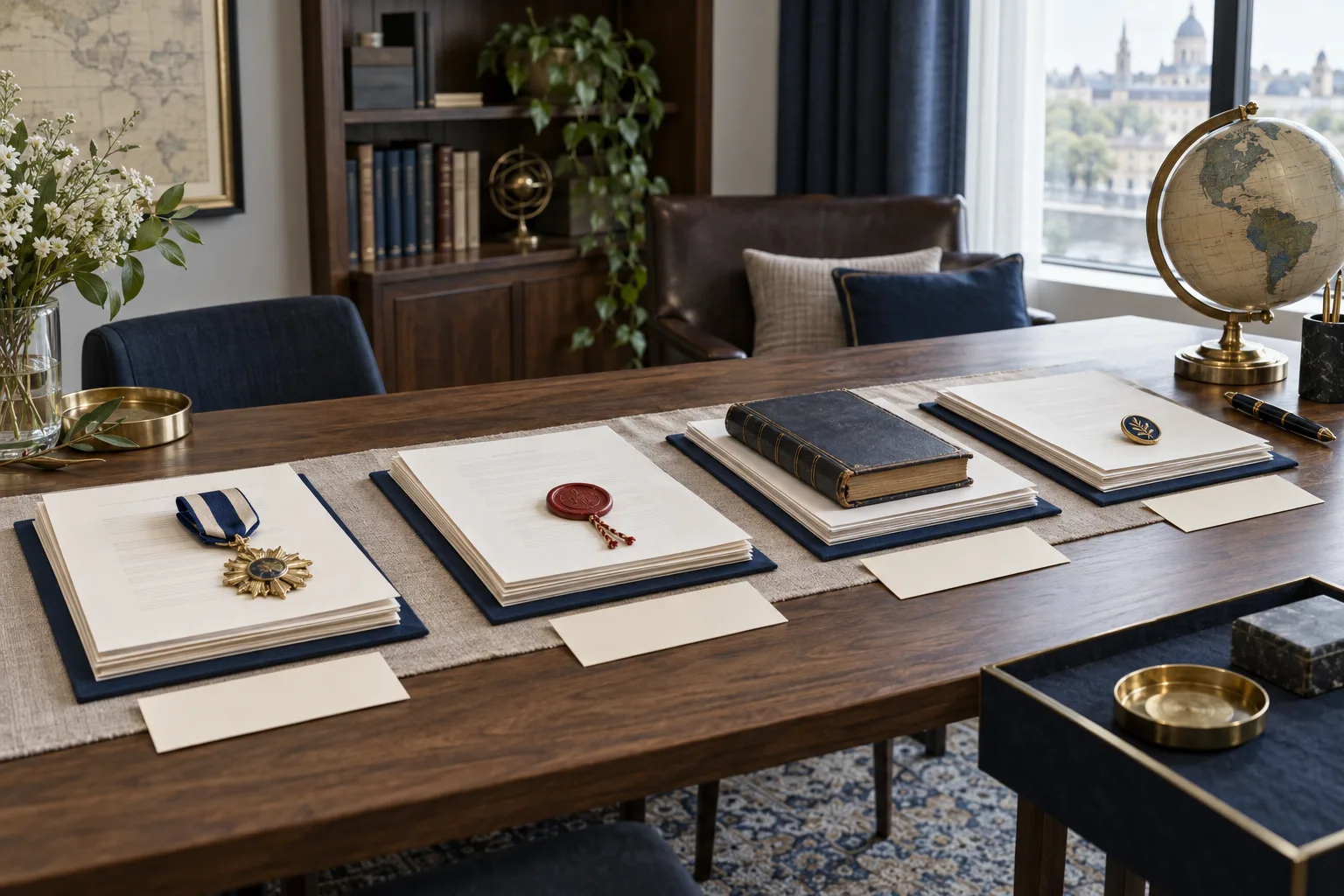 An evidence preparation table with document sets paired with a medal, a seal, a journal, and a membership pin, each with a note card