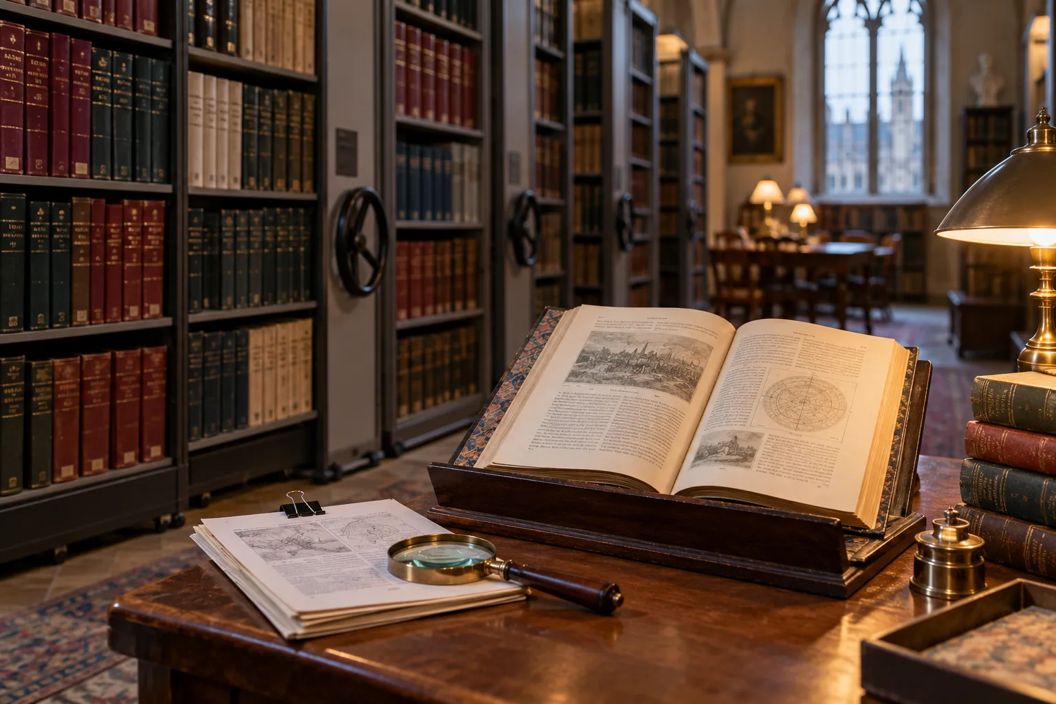 A university library archive with bound foreign journals and one volume open on a reading stand beside translation pages