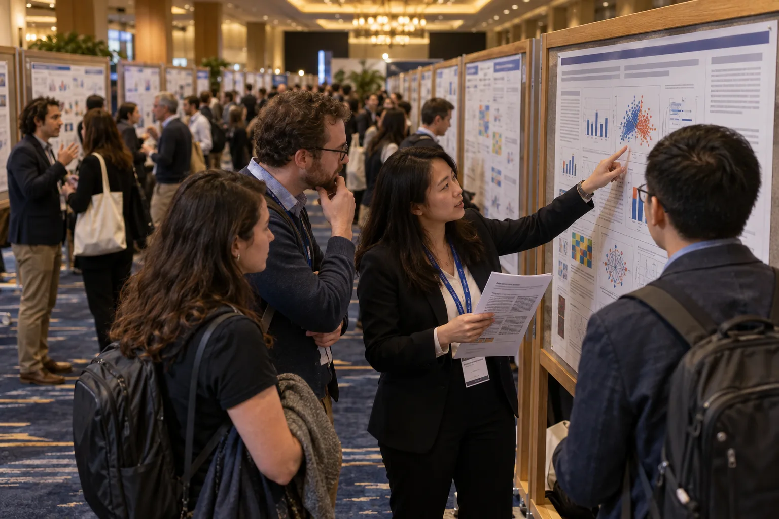 Researchers discussing at a conference poster session while one points to a figure on a printed preprint