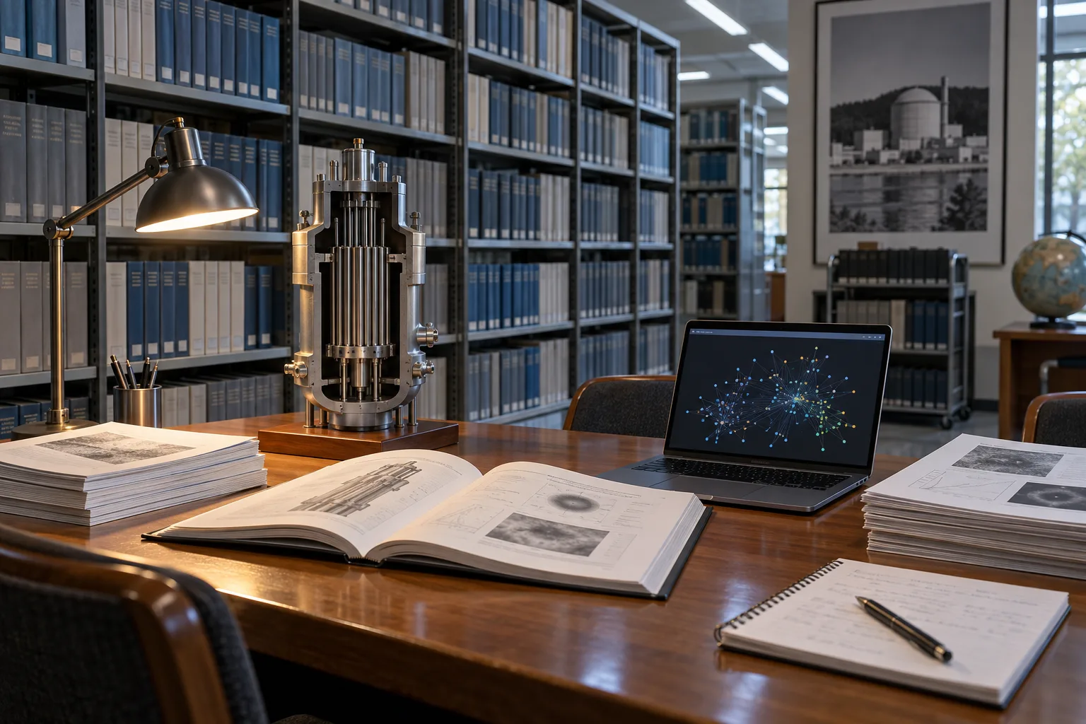 A national laboratory library with bound technical reports, an open report beside a component model, and journal reprints