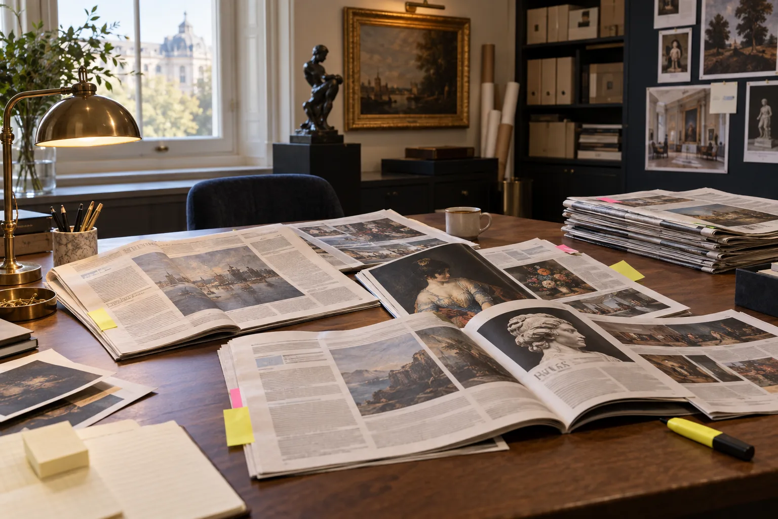 A press office table with newspapers and art magazines open to feature spreads, some marked with tabs and others set aside