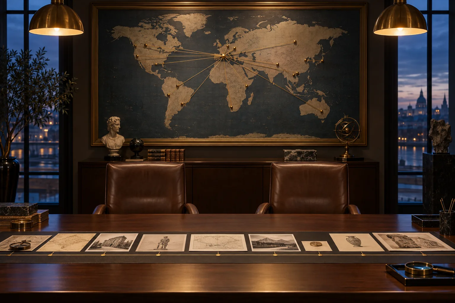 A museum boardroom with a world map pinned with institutions connected by gold threads and a chronological document timeline on the table