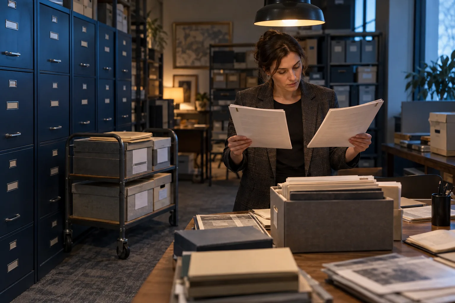 A researcher comparing two versions of a printed document beside a cart of labeled archive boxes