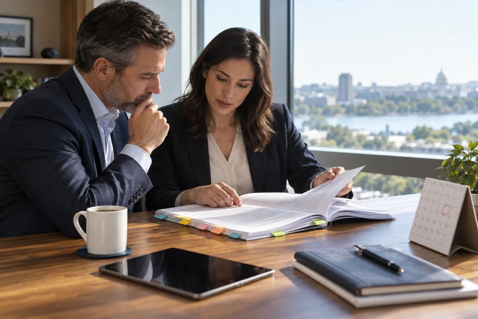 Two professionals reading a flagged printed guidance document at a sunlit window table