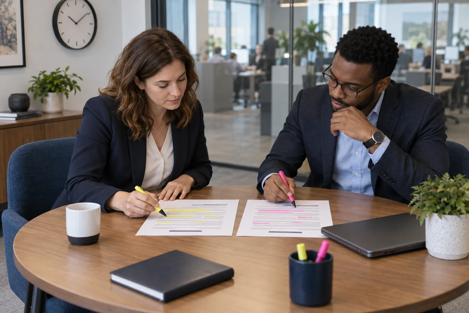 Two professionals comparing two printed job descriptions with highlighters at a round table