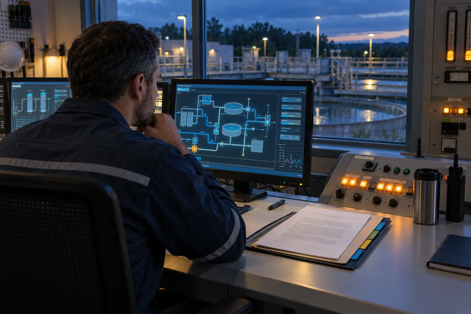 An engineer in a utility control room reviewing a monitoring display beside a printed support letter