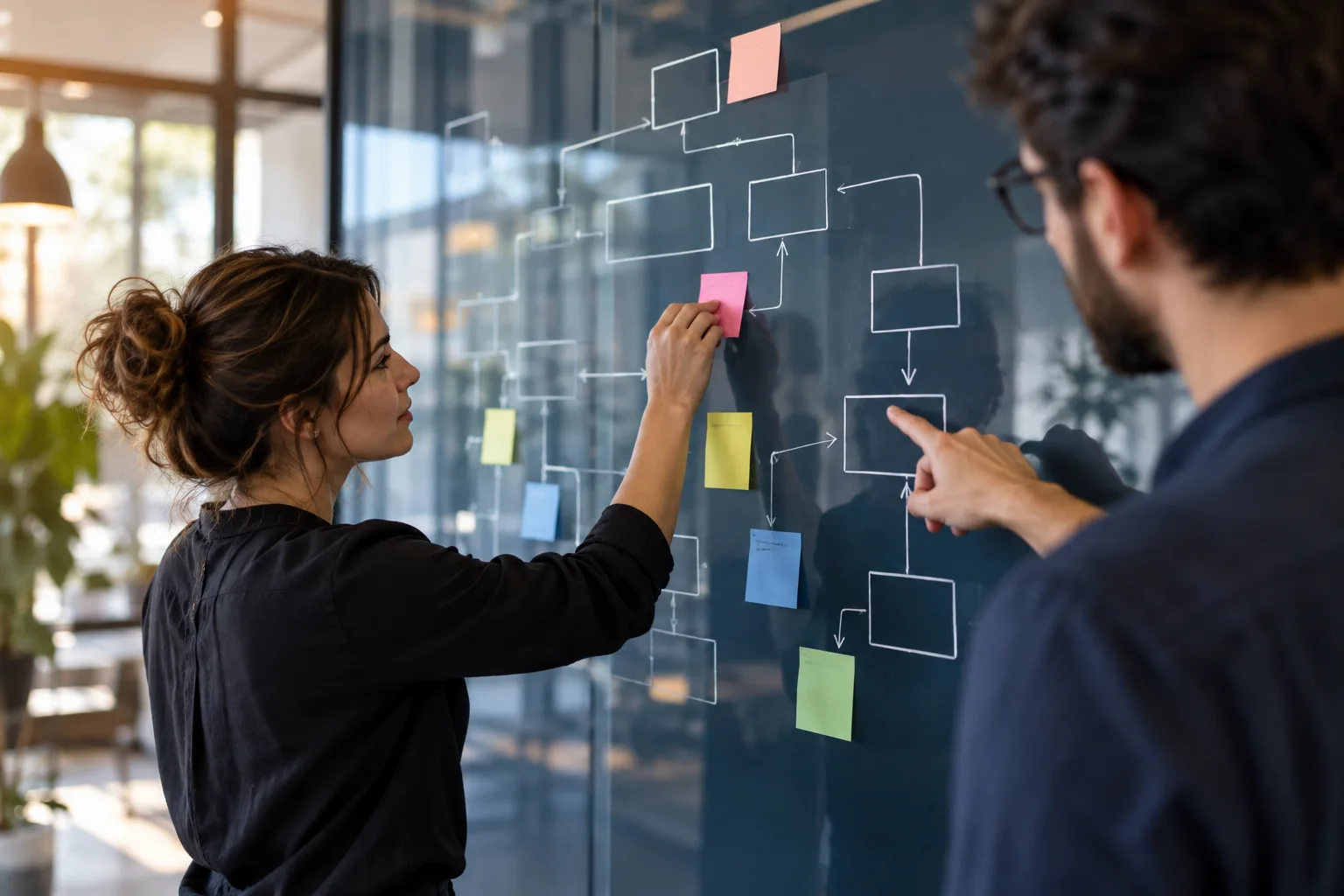 Colleagues mapping a branching dependency diagram on a glass wall with sticky notes