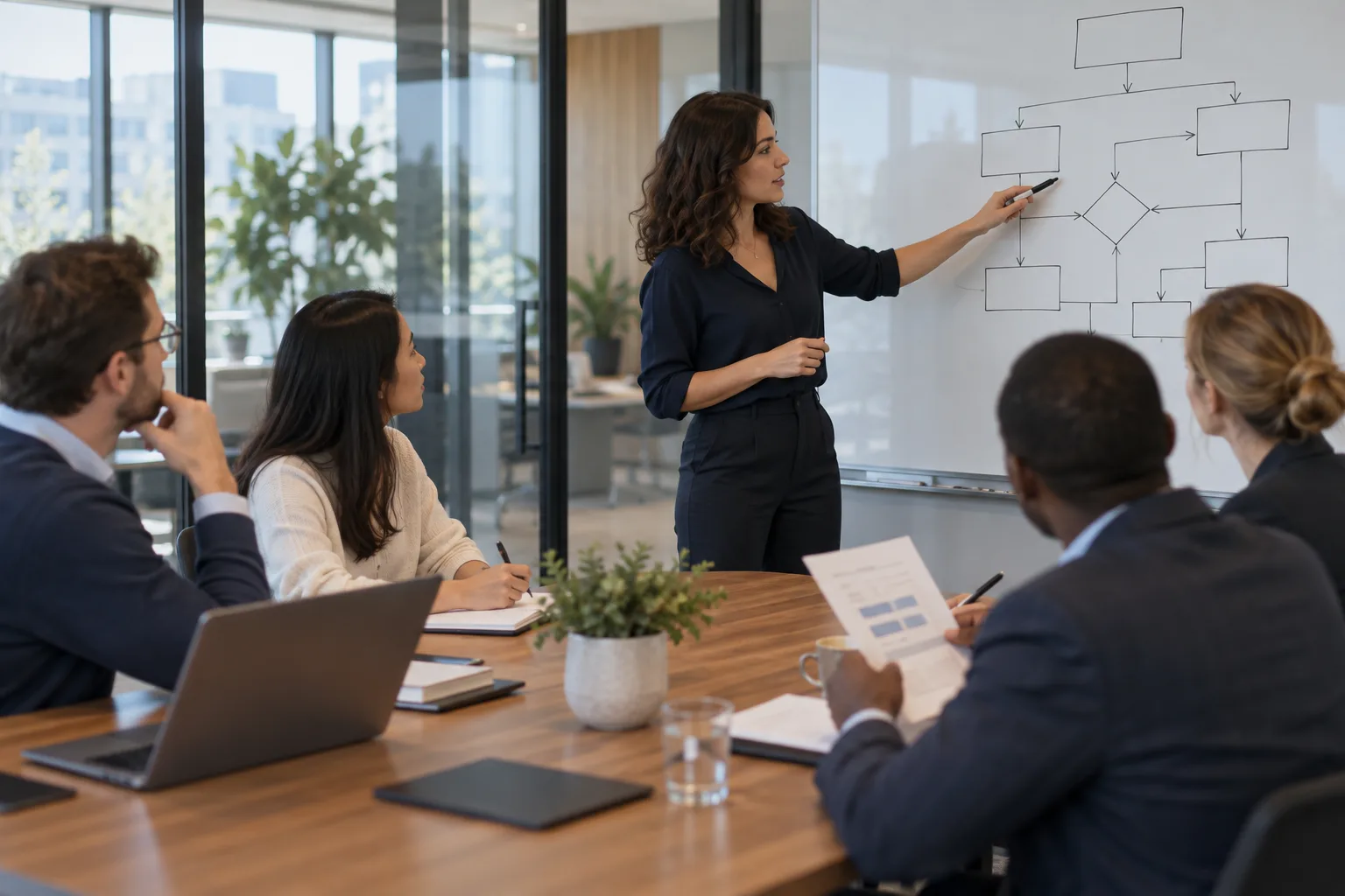 A product leader presenting a decision diagram to colleagues from different functions in a glass meeting room