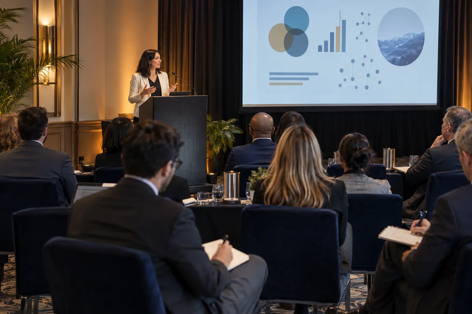 A practitioner presenting to a seated audience in a conference breakout room